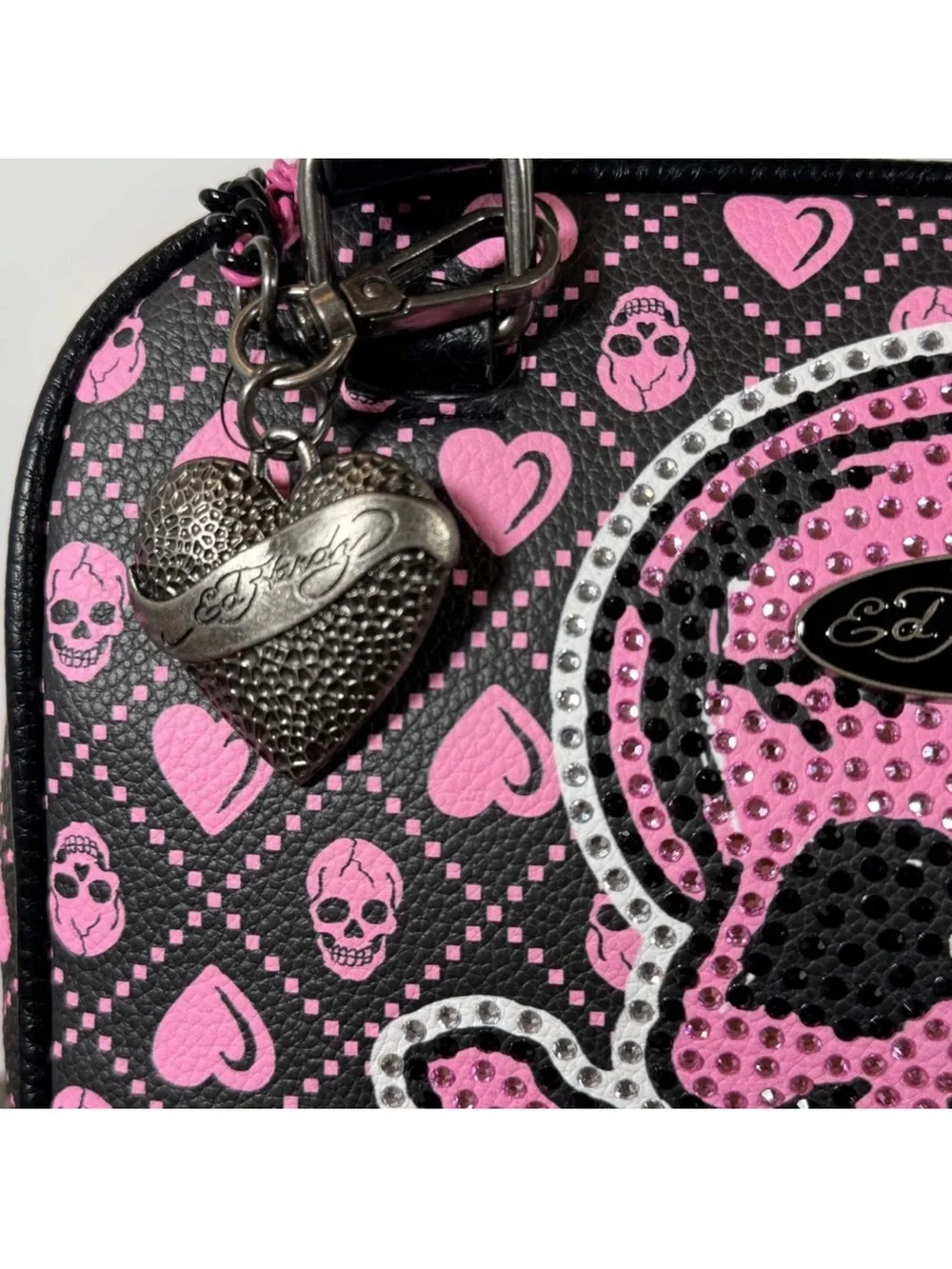 Ed Hardy Black and Pink Rhinestone Skull Satchel